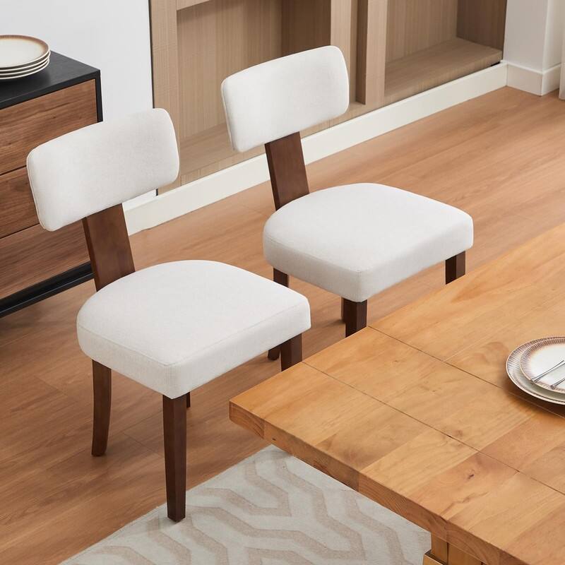 Set of 2 Modern Leather/Linen Dining Chairs - Curved Backrest w/Hardwood Frame