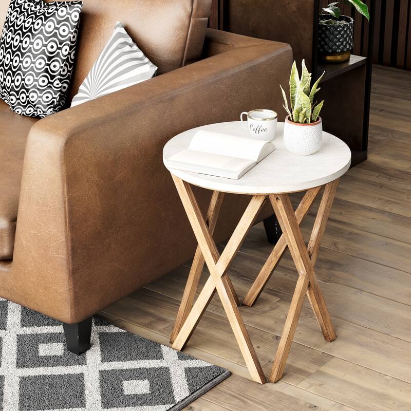 COZAYH Pedestal Farmhouse End Table Set of 2, Distressed White Top with Base for Modern Farmhouse, Boho Decor, Round