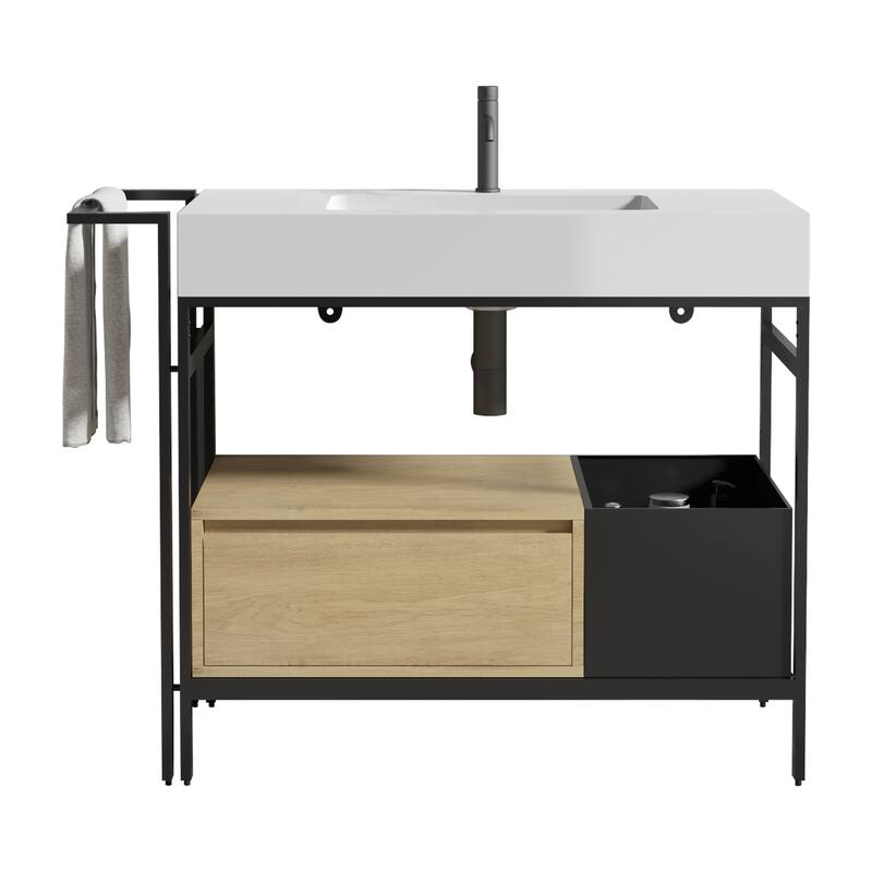 GDFStudio - Forte Industrial Metal Frame Bathroom Vanity with Artificial Stone Basin, Towel Rack & Open Storage