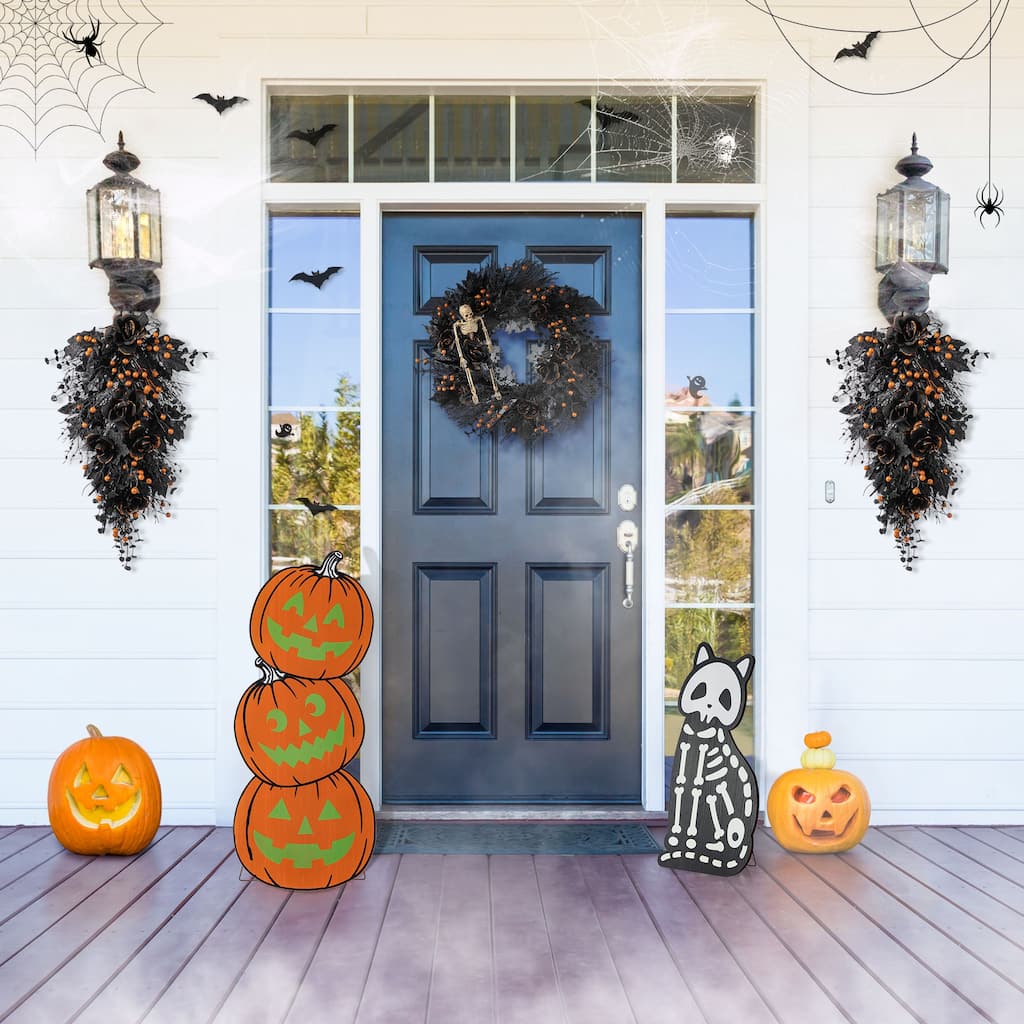 Glitzhome S/2 24"H & 36"H Halloween Wood Skeleton Cat and Stacked Pumpkin Porch Decor