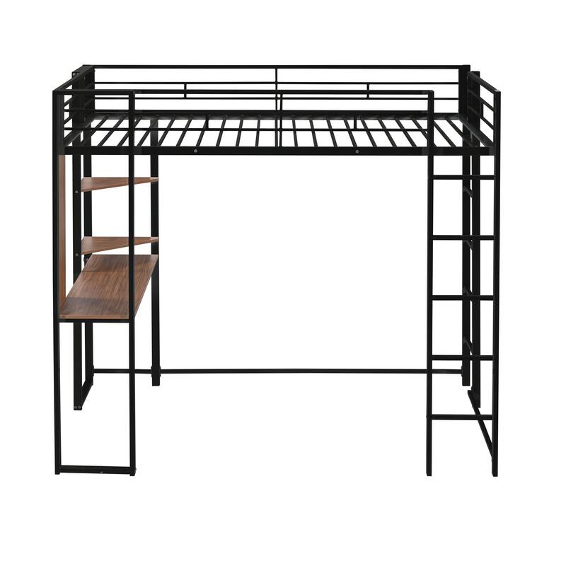 Twin Metal Loft Bed with 2 Shelves and one Desk staircase