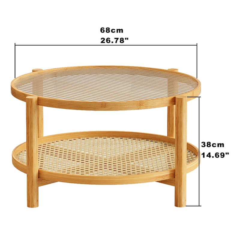 Rattan Coffee Table, 2-Tier Bamboo Coffee Table with Glass Top,Modern Round Coffee Table