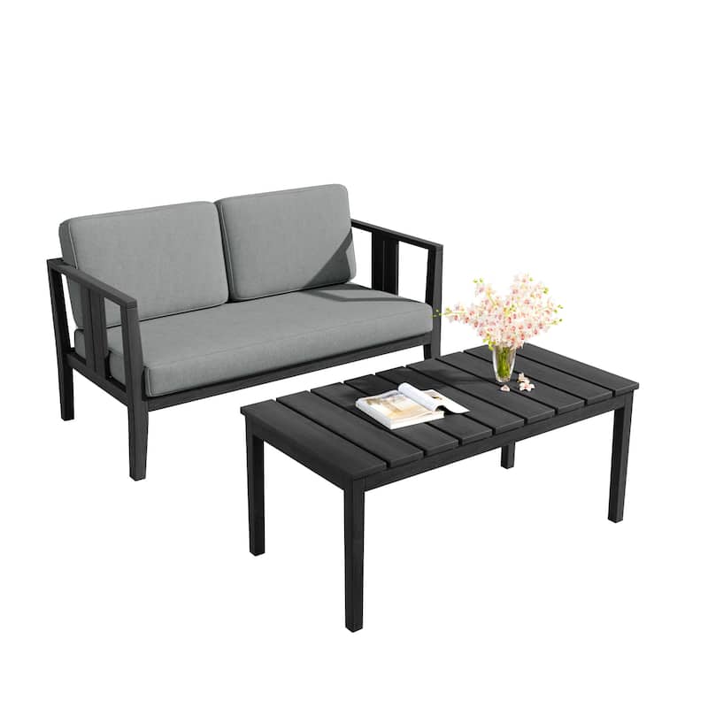 Teak Wood Water Resistant Outdoor Loveseat and Coffee Table Set (Set of 2)