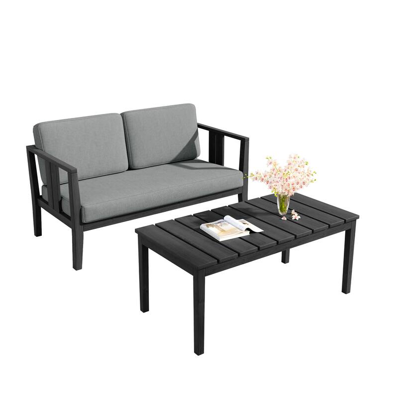 Uixe Teak Patio Loveseat with Coffee Table Outdoor Conversation Set