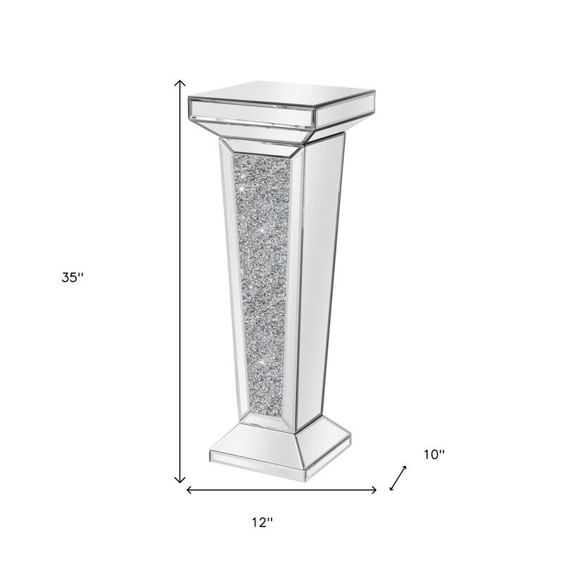 HomeRoots 35" Silver Mirrored Glass And Faux Crystals Pedestal Accent Table - 12.60 in. x 35.43 in. x 10.24 in.