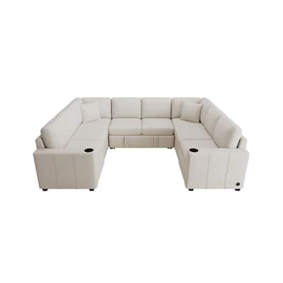 107.1" Convertible Pull Out Sofa Bed, Chenille Fabric U Shaped Sectional Sleeper Sofa Couch with USB Charging and Cup Holders