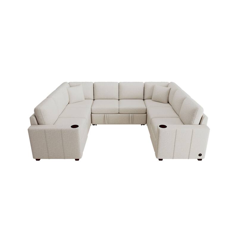 107.1" U-shaped Beige Chenille Convertible Pull-out Sectional Sofa Bed for Living Room