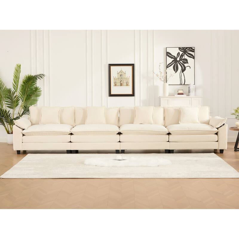 Roomfitters 4-Seater Cloud Sofa, Modern Chenille Upholstered Sectional Couch with Wide Armrests and Deep Cushions - Beige