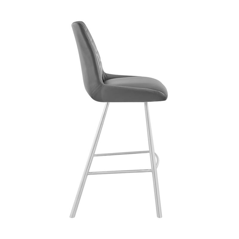 Modern 30 Inch Bar Height Stool in Grey Faux Leather with Steel Frame and Footrest for Kitchen - 42"H x 21"W x 19"D