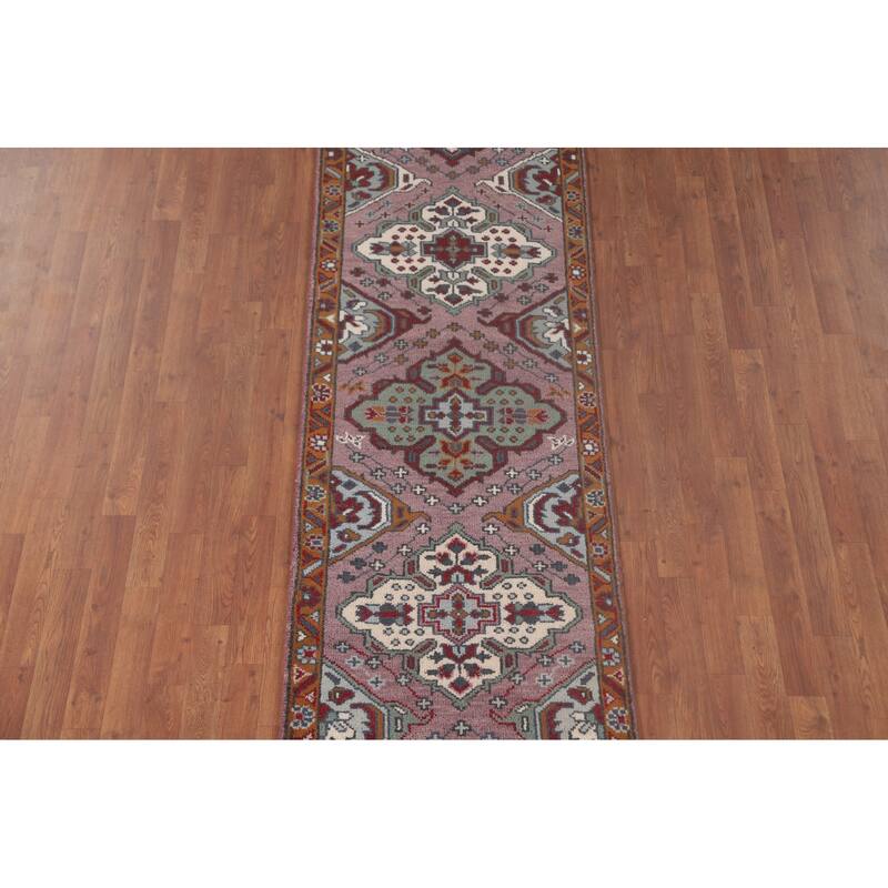 Geometric Purple Kazak Oriental Runner Rug Handmade Wool Carpet - 2'6"x 9'8"