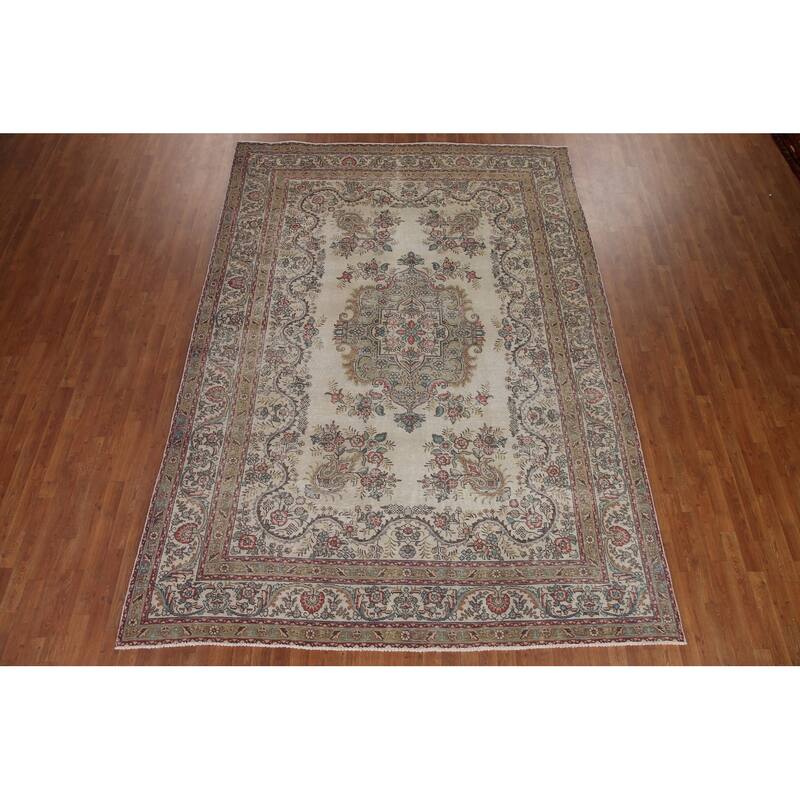 Hand Knotted Oriental 100% Wool Carpet Traditional Medallion Beige & Ivories Tabriz Area Rug - 11' 7'' X 8' 3''