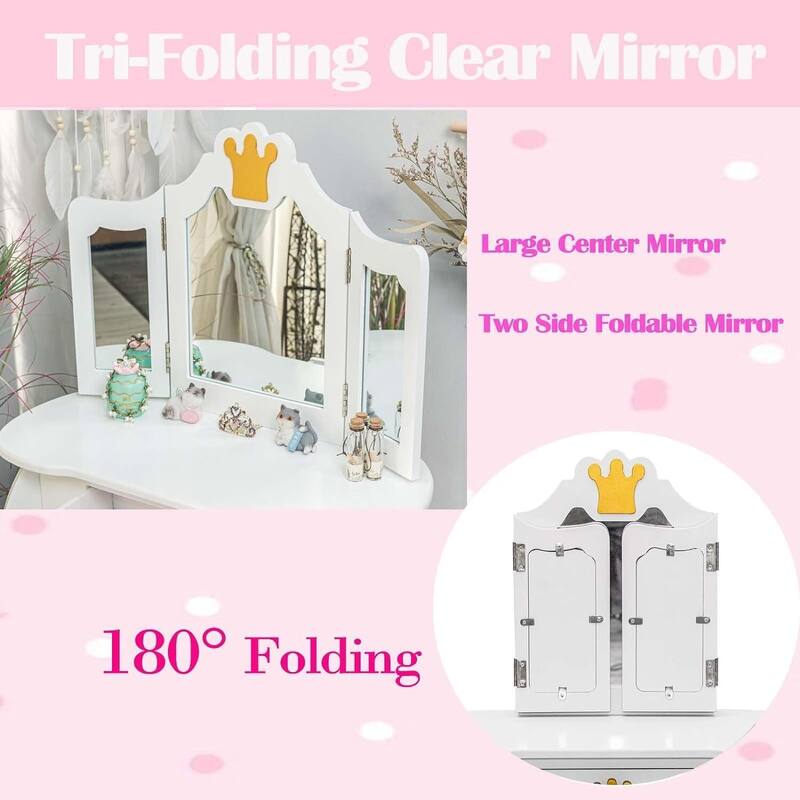 Kids Vanity Table with Tri-Folding Mirror & Drawer Makeup Desk