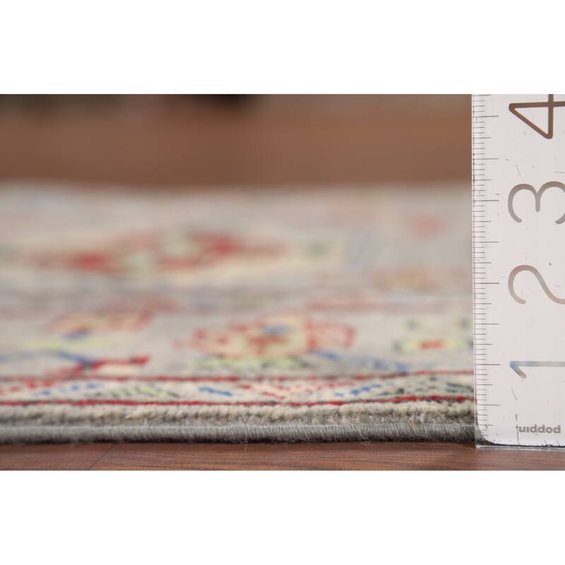 Hand Knotted Oriental 100% Wool Carpet Traditional Geometric Greys & Charcoal Kazak Runner Rug - 13' 3'' X 2' 8''