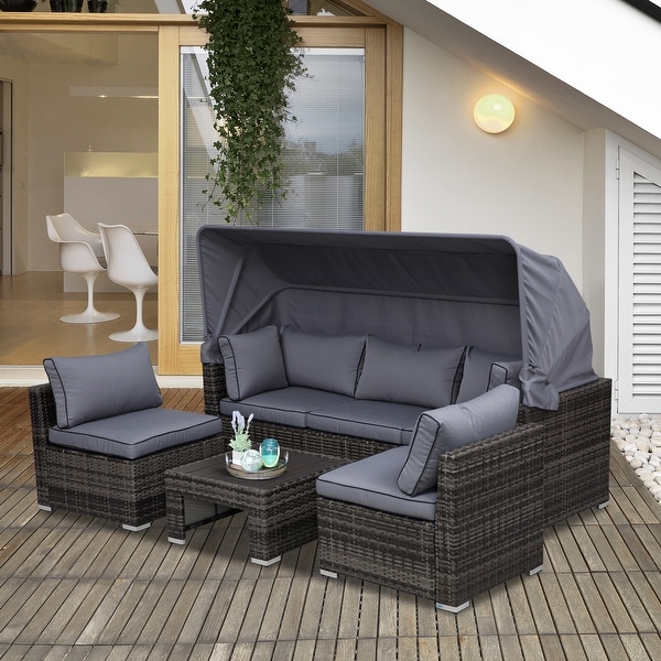 Outsunny 4 Piece Outdoor Rattan Wicker Sofa Set with Retractable