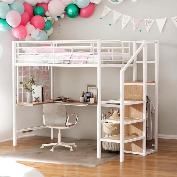 slide 2 of 20, Twin Size Loft Bed With Desk,Lateral Storage Ladder and Wardrobe for Home