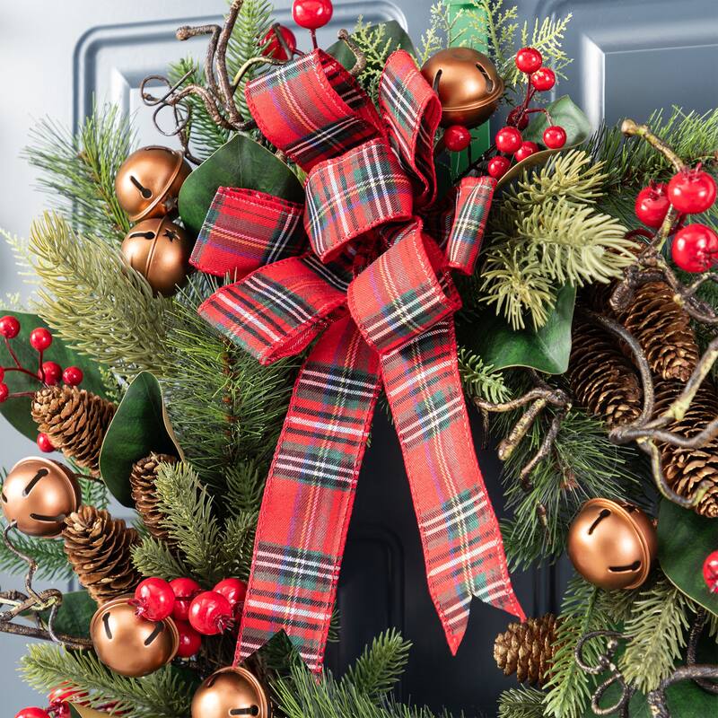 Glitzhome Christmas Bell Pinecone & Berry Bow Wreath Teardrop Garland Wall Decor
