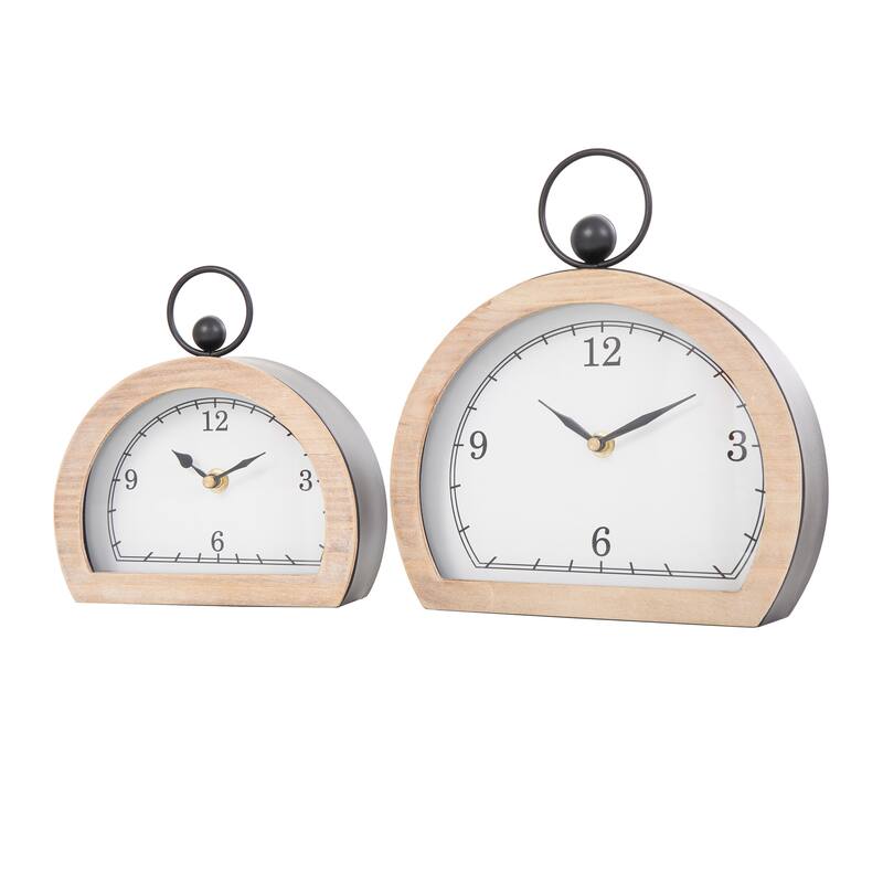 White or Black Wooden Semicircle Clock with Brown Wooden Frame and Ring Handle (Set of 2)
