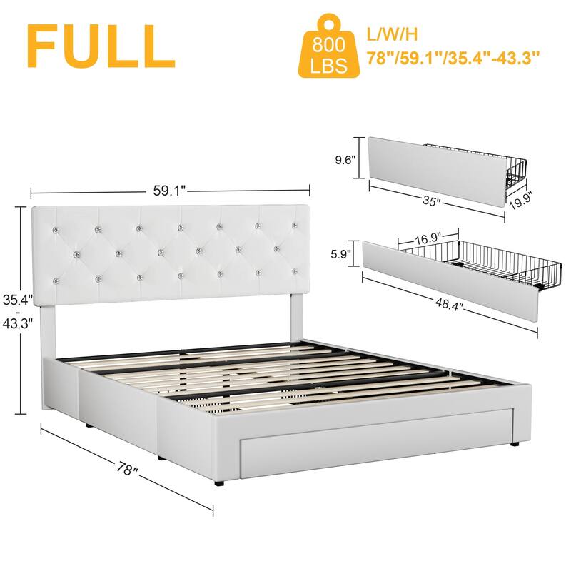 VECELO Bed Frame with Storage Drawers Leather Upholstered with Diamond Tufted Headboard Solid Wood Slat Support