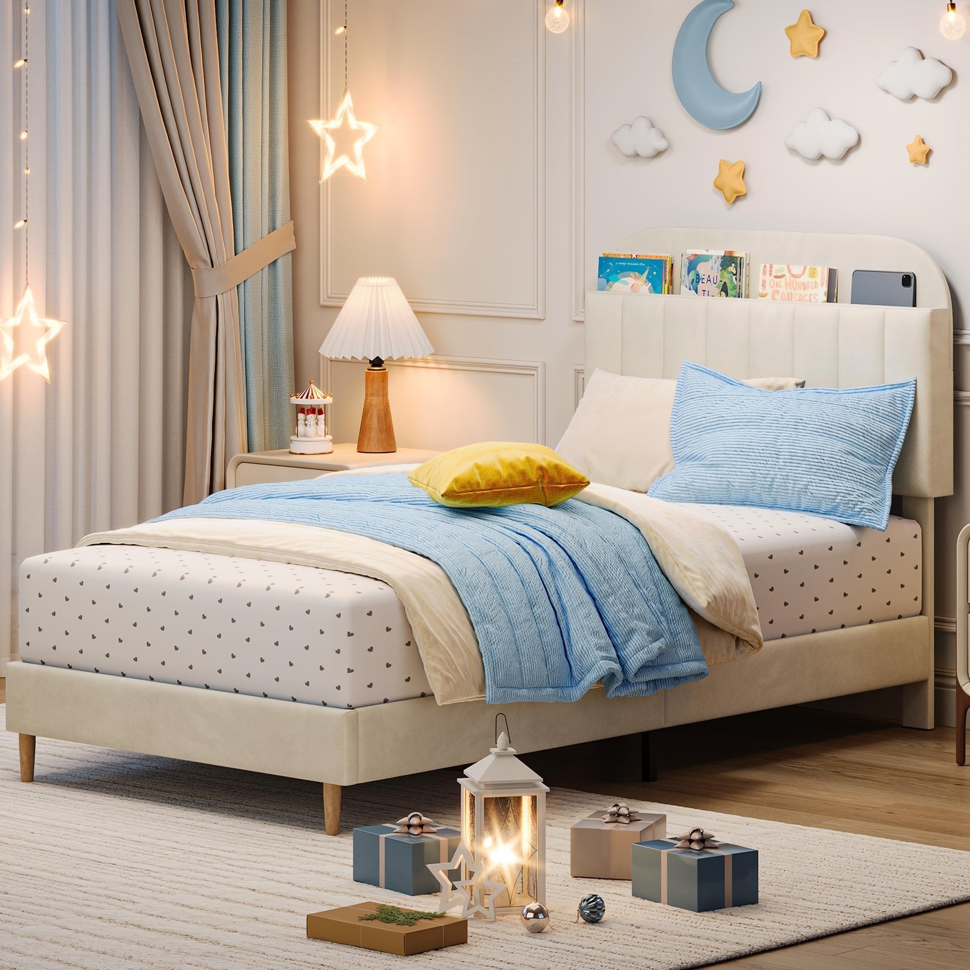 Upholstered Bed Frame with Storage Headboard, No Box Spring Needed, Velvet Platform Bed with Wooden Slats for Kids Room