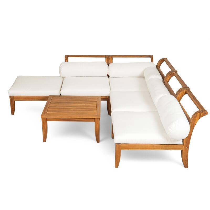 Outdoor Acacia Wood Sectional Set - 6-Piece Modular Patio Furniture with Daybed, Tea Table & Ottoman (Includes 5 Cushions)