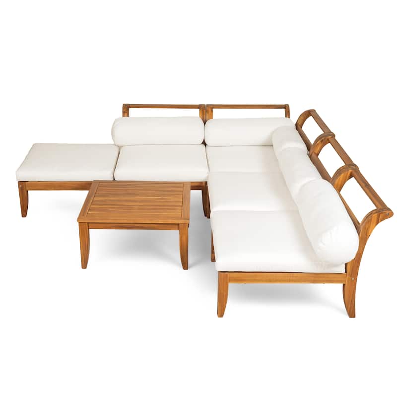 Roomfitters 6-Piece Acacia Wood Outdoor Sofa Set, L-Shaped Sectional with Table, Ottoman, Cushions & Pillows, Teak+Beige