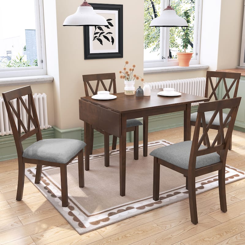 Foldable Dining Table Set, 5 Piece Extendable Dining Set with Drop Leaf Dining Table and 4 Dining Upholstered Chairs - Brown
