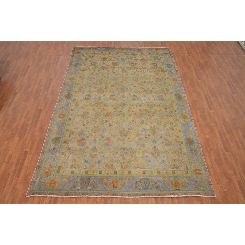 Hand Knotted Oriental 100% Wool Carpet Traditional Floral Brown Tabriz Area Rug - 13' 9'' X 9' 1''