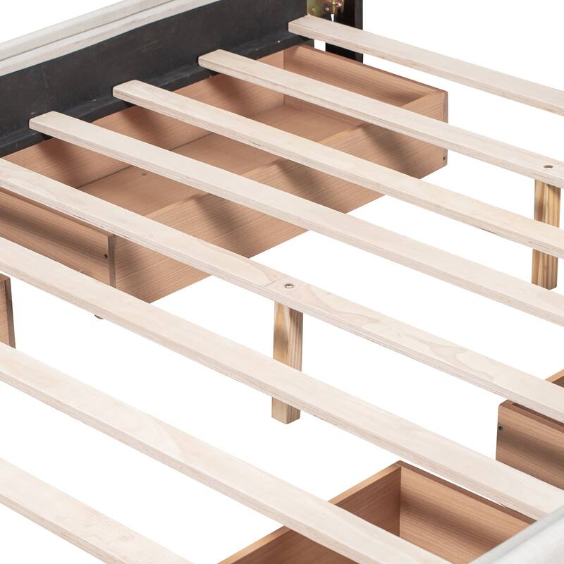 Queen Size Upholstered Platform Bed with Headboard and 4 Drawers, Linen Fabric, No Box Spring Needed