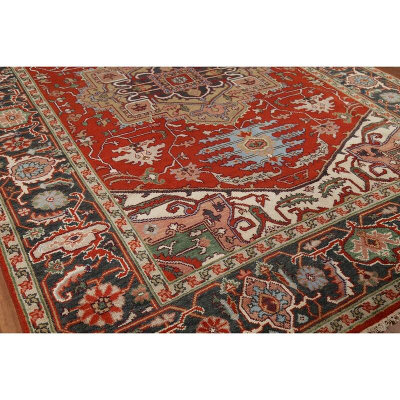 Geometric Heriz Serapi Indian Area Rug Hand-Knotted Wool Carpet - 8'9"x 11'11"