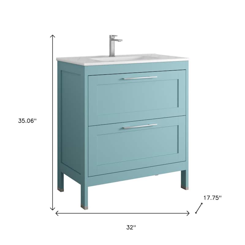 HomeRoots 32" Blue Wood Freestanding Bathroom Vanity With White Sink And Two Drawers - 32.00 in. x 35.06 in. x 17.75 in.