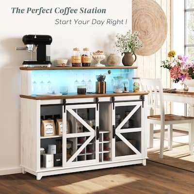 Farmhouse Coffee Bar Cabinet with LED Lights Wine Rack Glass Holders and Sliding Barn Doors - 55.1" W x 15.7" D x 44.1" H