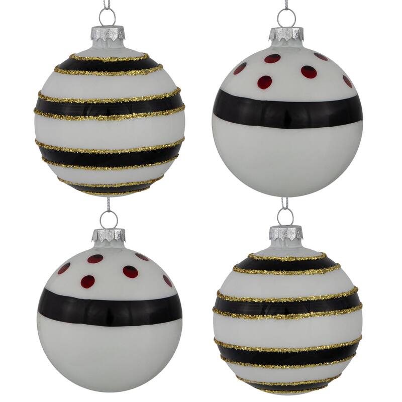 4 Shiny White Black Striped Christmas Glass Ball Ornaments 3" 80mm