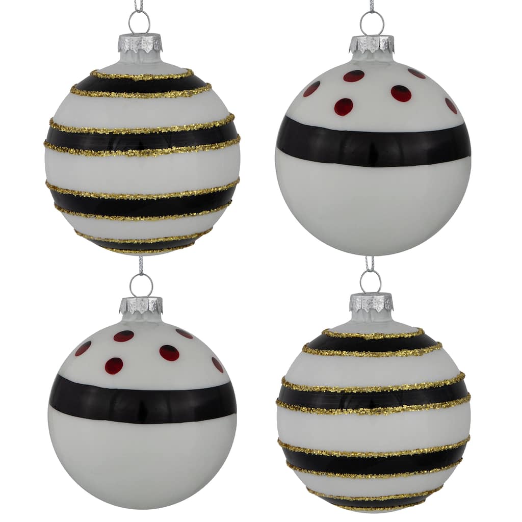 Shiny Finish Striped Christmas Glass Ball Ornaments - 3" (80mm) - White and Black - Set of 4
