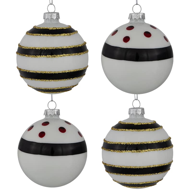 Shiny Finish Striped Christmas Glass Ball Ornaments - 3" (80mm) - White and Black - Set of 4
