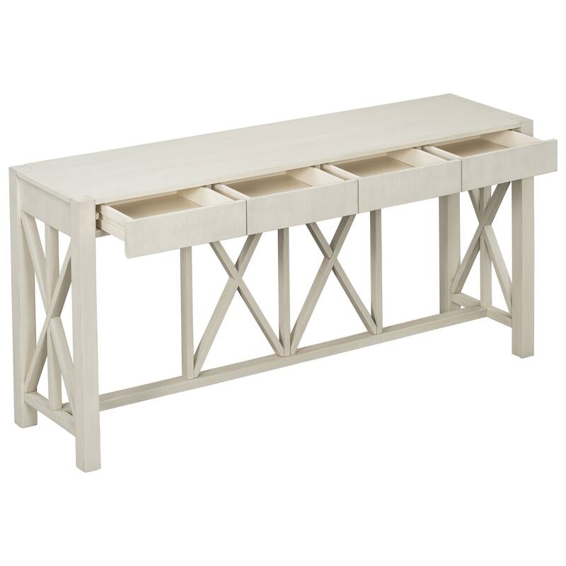 Anmytek Blue Acacia Wood Console Table with 4 Drawers X Base Design for Entryway and Kitchen Storage