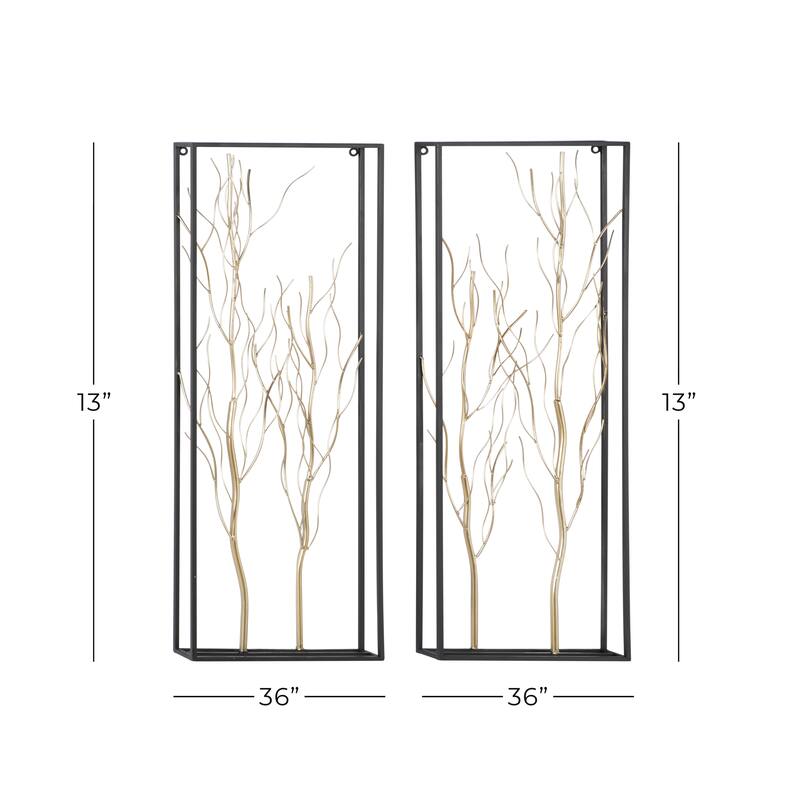 Gold Metal Branch Tree Home Wall Decor with Black Frame (Set of 2)