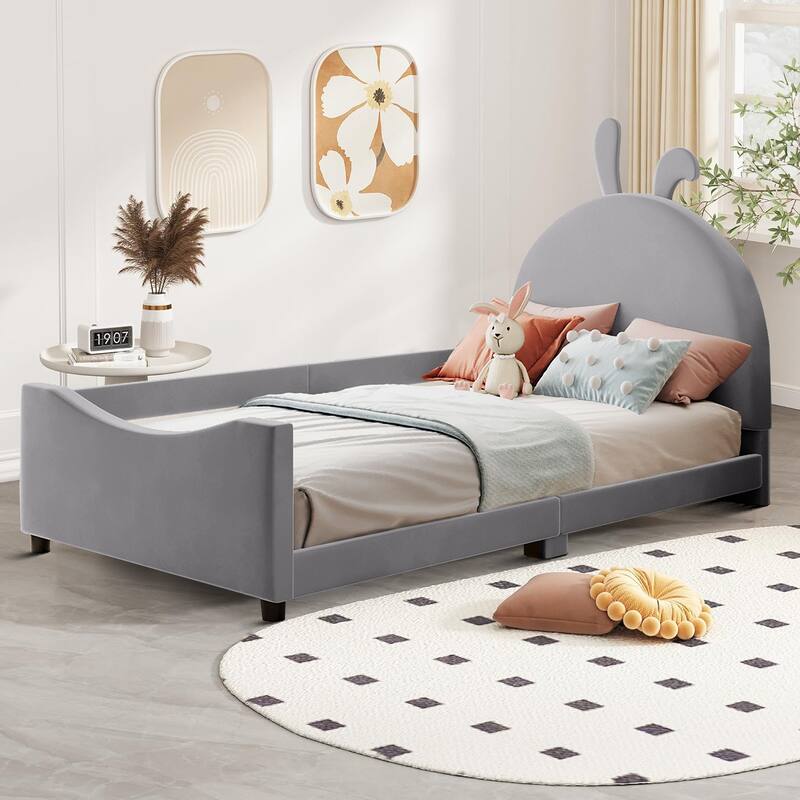Stylish Lovely Twin Size Velvet Upholstered Platform Bed Frame with Unique Decorated Headboard