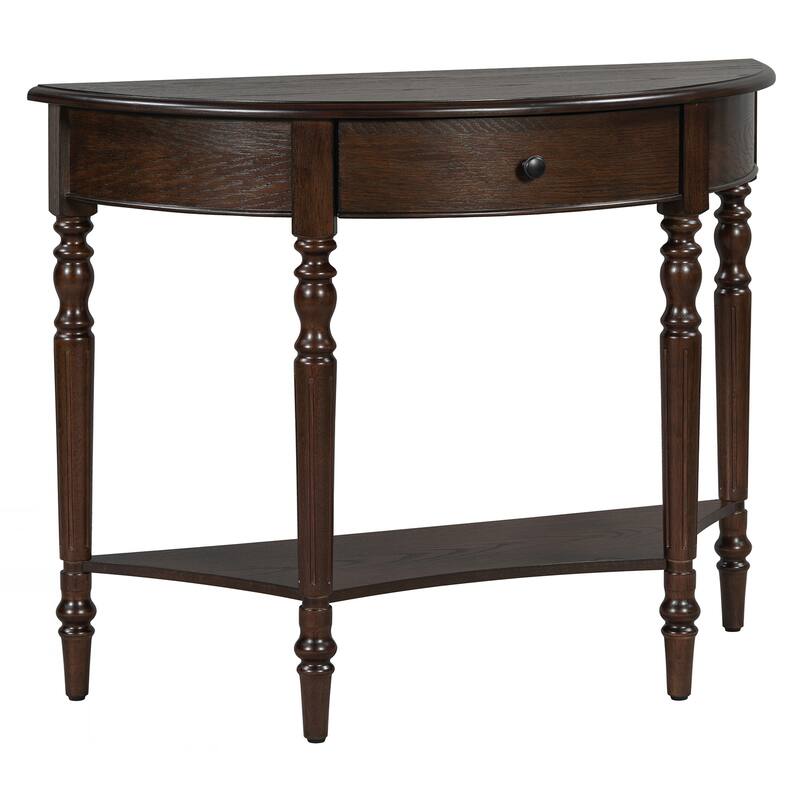 Farmhouse Half Moon Console Table with Drawer & Shelf - Rustic Accent Table