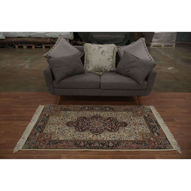 Hand Knotted Oriental 100% Wool Carpet Traditional Floral Beige & Ivories Qum Area Rug - 5' 9'' X 3' 2''