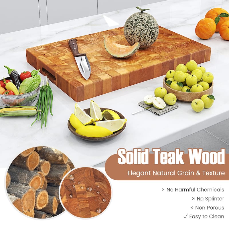 Multi-Purpose Teak Wood End Grain Cutting Board with Hand Grips Reversible Chopping and Serving Board - 18" L x 12" W x 2" H