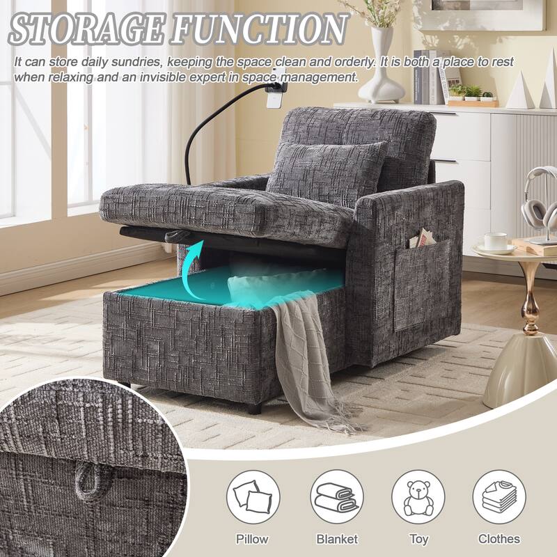 Multifunctional Lazy Person Sofa Recliner Can Be Stored Storage Backrest With Cell Phone Bracket Chenille Single Leisure Chair