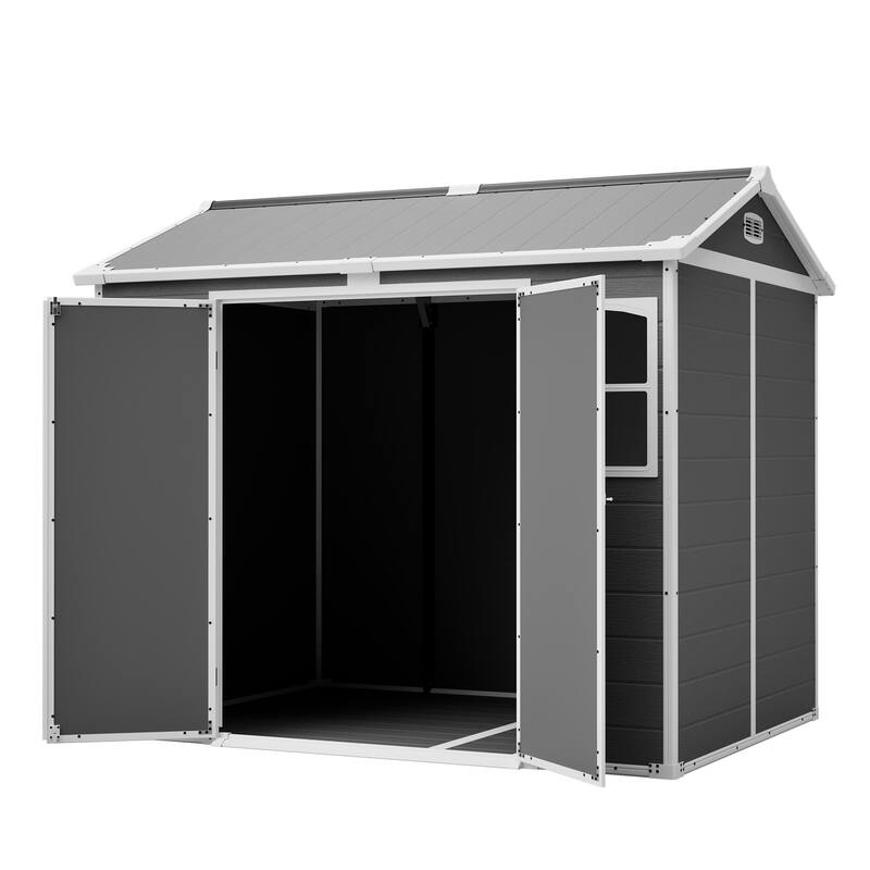 GDFStudio - Large Plastic Utility Shed with Floor & Lockable Doors for Easy Access, Storage for Garden Tools & Trash Bins