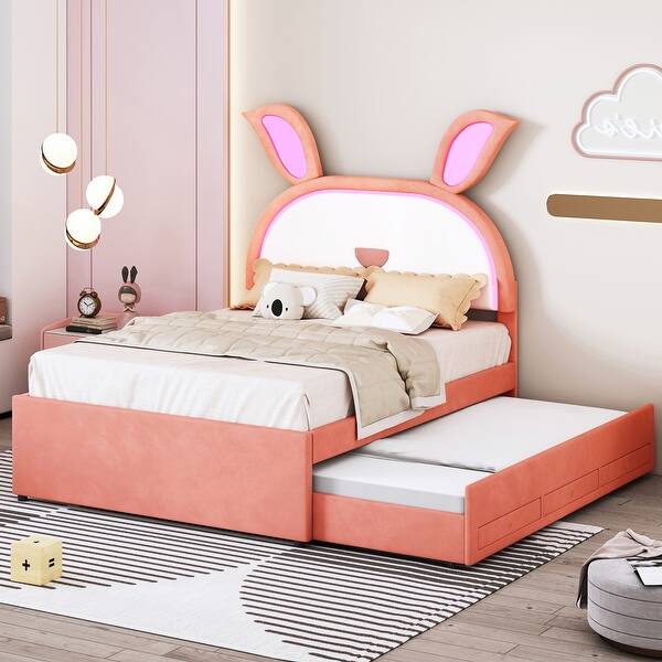 slide 2 of 26, Full Upholstered Platform Bed with Trundle & LED Rabbit Headboard Pink