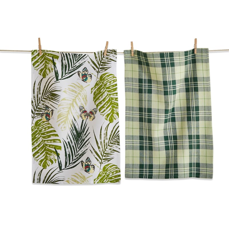 Set of 2 Palm And Butterfly Print with Coordinating Green and Black Stripe Cotton Kitchen Dishtowels 26L x 18W in.