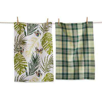 Set of 2 Palm And Butterfly Print with Coordinating Green and Black Stripe Cotton Kitchen Dishtowels 26L x 18W in.