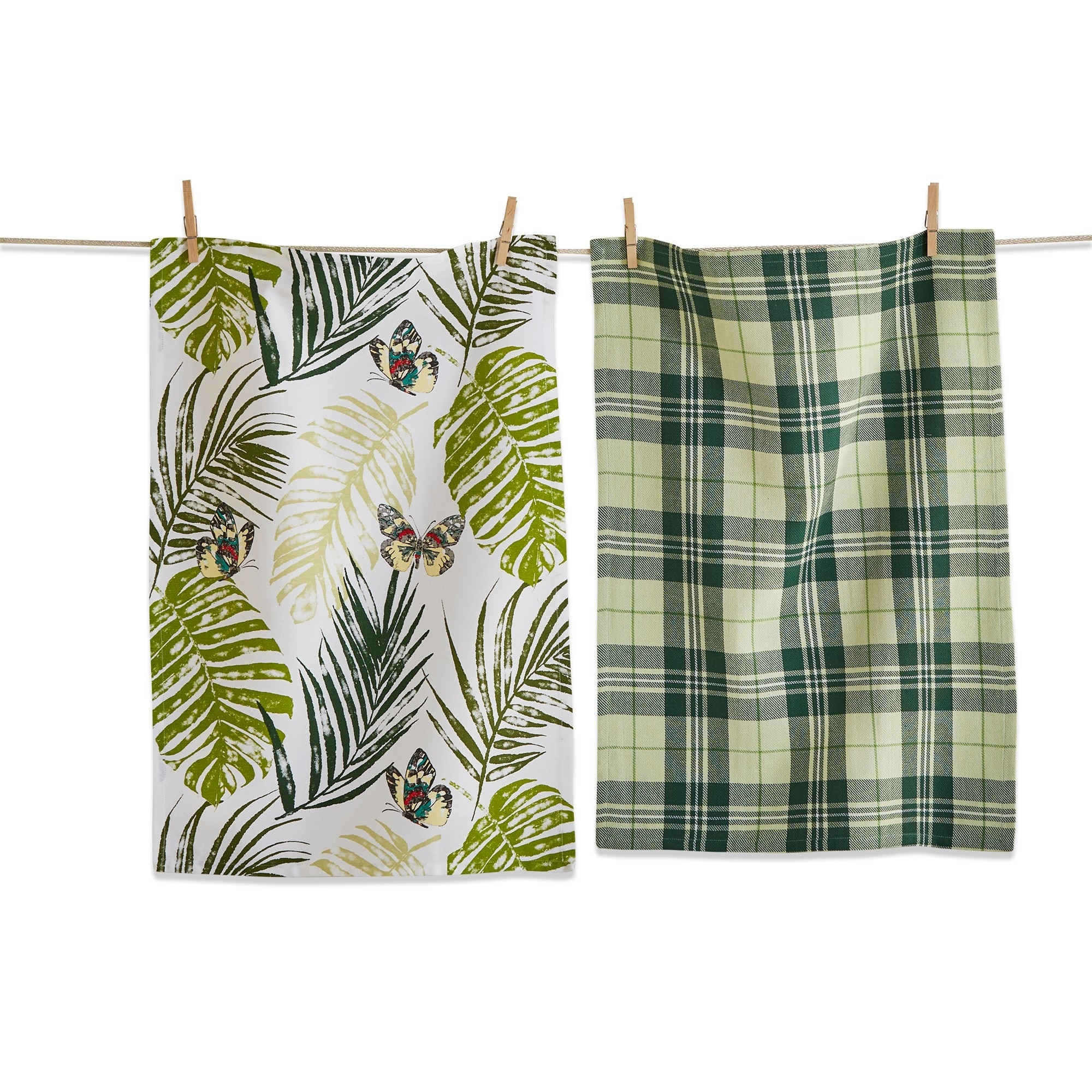 Set of 2 Palm And Butterfly Print with Coordinating Green and Black Stripe Cotton Kitchen Dishtowels 26L x 18W in.