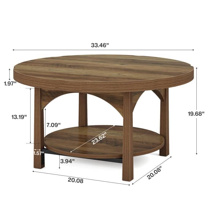 2 Tier Round Coffee Table, Wooden Living Room Center Table With Shelf