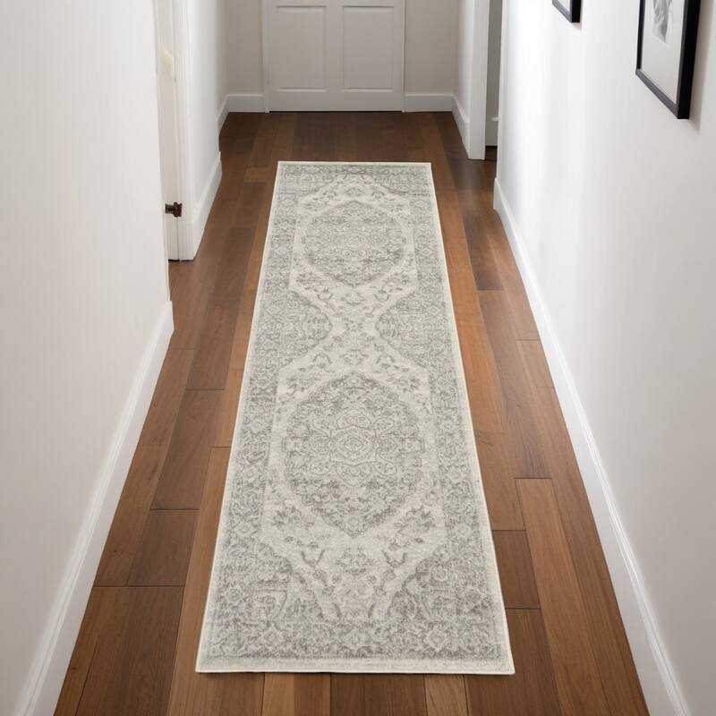 HomeRootsFloral Medallion Transitional Runner Area Rug - 87' X '27' X '0.5 - 87' X '27' X '0.5 - Ivory/Gray