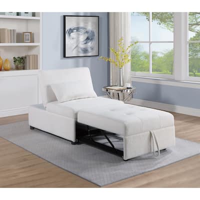 Contemporary White Convertible Sleeper Sofa Chair with Sherpa Fabric and Pillow