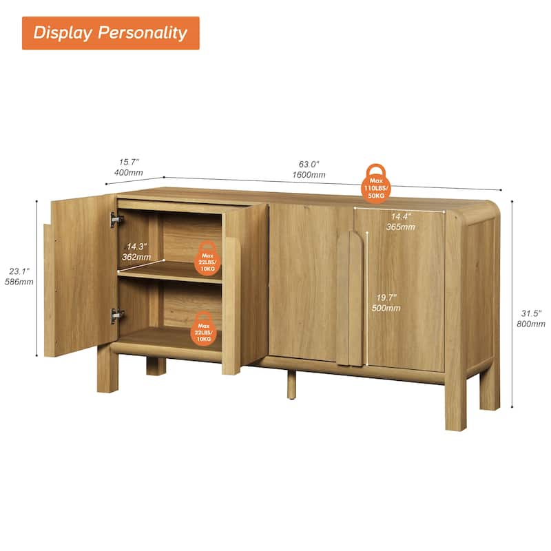 WAMPAT Mid-Century 63" Wood SideboardWAMPAT Buffet Cabinet With Storage, Modern Credenza With Doors And Adjustable Shelves
